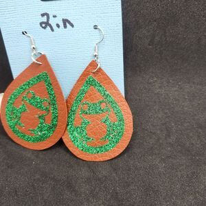 Hand Crafted Dangle Earring Faux Leather Brown and Green Frog